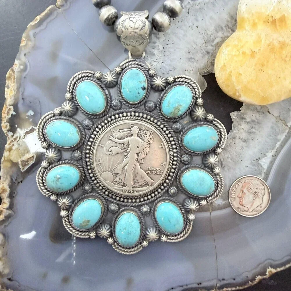 Genuine 1942 90% Silver Walking Liberty Half Dollar Coin w/Turquoise Uni Pendant - Picture 9 of 11